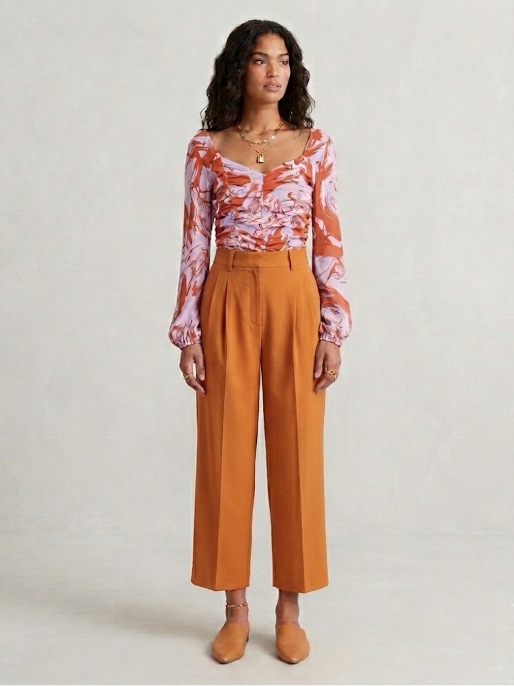 Open Edit Purple and Brown Ruched Ruffled Blouse
